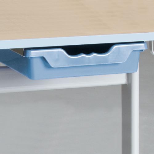Zweier-Schülertisch 130x65 cm Modell T, Tischplatte Melamin mit ABS- Kante mit transparenter ErgoTray Box, Tischhöhe: 76 cm