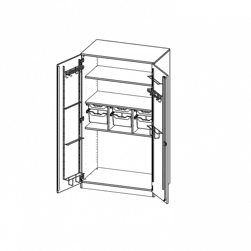 Musikschrank, 5 Ordnerhöhen - Serie evo180 B/H/T: 104,5x190x60 cm, Türen mit Instrumentenhalterungen, mit 6 ErgoTray Boxen, mit Sockel (81 mm)