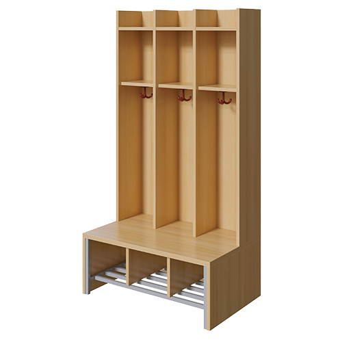 Spindgarderobe offen B/H/T: 83x160x55 cm, 3 Plätze, Bank aus feuerhemmendem Material mit Schuhrost, 3fach-Haken