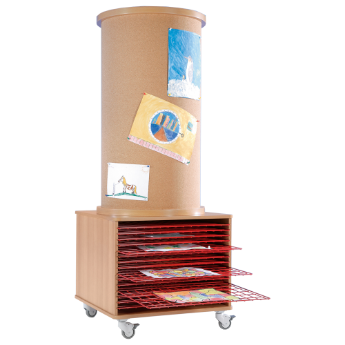 Mobile Kork-Litfaßsäule mit 15 roten Trockengittern und rückseitigem Regal B/H/T: 77x190x77 cm