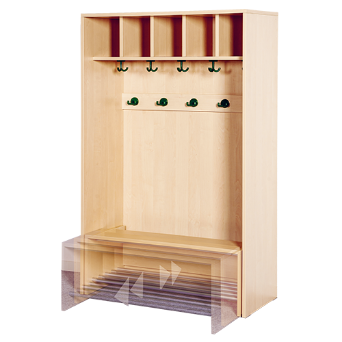 Korpus-Garderobe mit einschiebbarer Bank B/H/T: 100x158x46 cm, 5 Plätze, Bank aus feuerhemmendem Material mit Schuhrost, je Platz mit 3fach- und 2fach-Haken