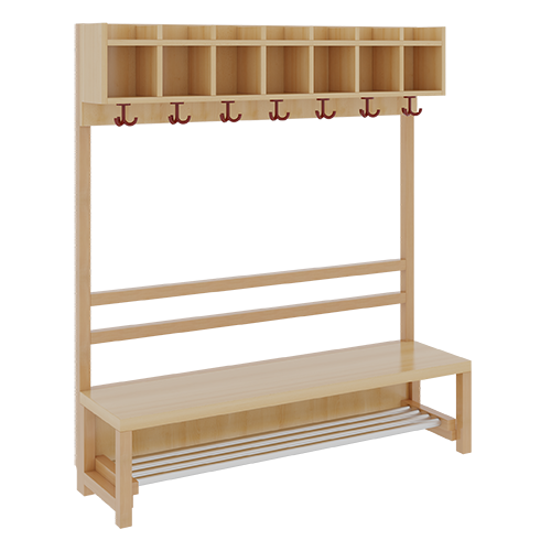 Komplettgarderobe mit einfacher Ablagereihe B/H/T: 140x158x39 cm, 7 Plätze, Sitzhöhe: 42 cm, offene Stütze in Buche-massiv, mit Schuhrost aus Aluminiumrohren