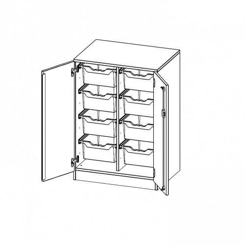 ErgoTray Schrank, zweireihig, 2,5 Ordnerhöhen - evo180 Serie B/H/T: 70,3x100x50 cm, zweitürig, mit Sockel (81 mm), mit 8 hohen ErgoTray Boxen