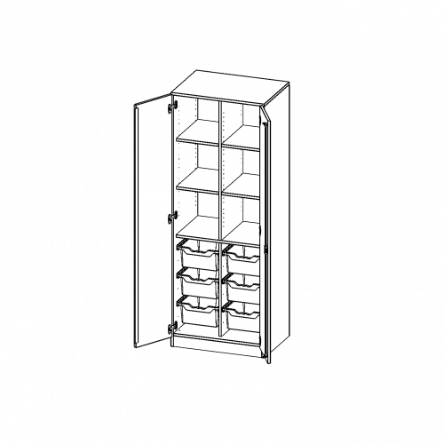 ErgoTray Schrank, zweireihig, 5 Ordnerhöhen - evo180 Serie B/H/T: 70,3x190x50 cm, zweitürig, mit Sockel (81 mm), mit Mittelwand, mit 6 hohen ErgoTray Boxen