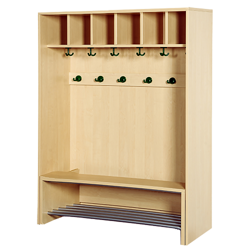 Korpus-Garderobe mit einschiebbarer Bank B/H/T: 120x158x46 cm, 6 Plätze, Bank mit Schuhrost, je Platz mit 3fach- und 2fach-Haken