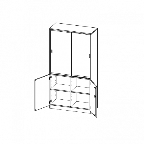 Kombischrank, 5 Ordnerhöhen, Drehtüren unten (2 OH), Glasschiebetüren oben (3 OH) - Serie evo180 B/H/T: 100x190x50 cm, alle Türen abschließbar, mit Mittelwand, mit Sockel (81 mm)