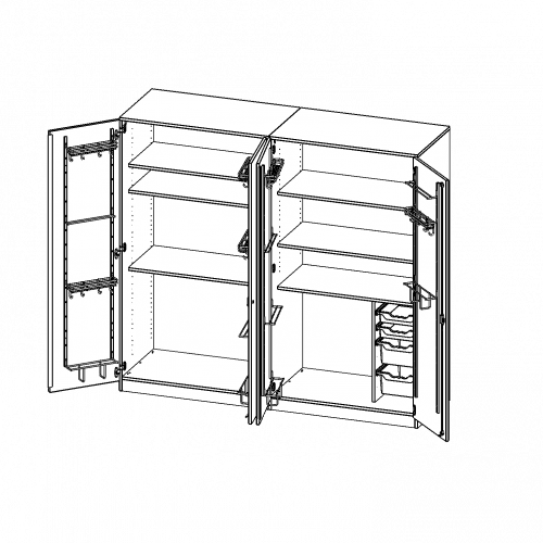 Musikschrank, 5 Ordnerhöhen - Serie evo180 B/H/T: 209x190x60 cm, zweiteilig, Türen mit Instrumentenhalterungen, mit 3 ErgoTray Boxen, mit Sockel (81 mm)