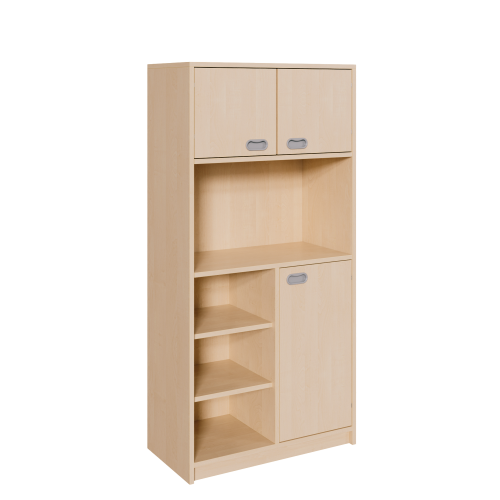 Korpus-Schrank, unten Tür und Regal, oben Doppeltüren B/H/T: 78x160x40 cm, unten rechts Tür, links Regal unten insgesamt 6 Fächer, Mitte offenes Fach, oben Doppeltür mit 2 Fächern
