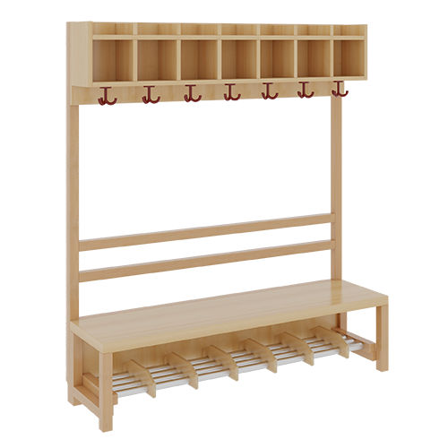 Komplettgarderobe mit einfacher Ablagereihe B/H/T: 140x158x39 cm, 7 Plätze, Sitzhöhe: 42 cm, offene Stütze in Buche-massiv, Schuhrost aus Aluminiumrohren mit Facheinteilungen