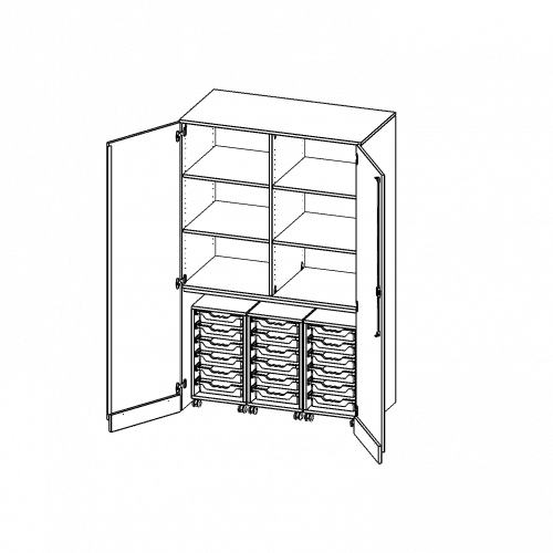Garagenschrank ohne Sockel, 5 Ordnerhöhen - Serie evo180 B/H/T: 120x190x60 cm, 3 Container mit je 6 flachen ErgoTray Boxen
