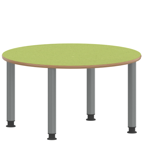 Tisch ZALOTTI mit Linoleum-Belag Rundtisch, Durchmesser/H: 100x46 cm, Stahlrohrbeine Ø 60 mm, Fußvariante: höhenverstellbar (46/60 cm), Tischbeine mit RAL-Farbe 9006 (weißaluminium)