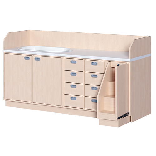 Wickelkommode, dreireihig zuzüglich Badewanne B/H/T: 213x113x71,5 cm, Ausziehbarer Aufstieg rechts, 8 Schübe und Badewanne links