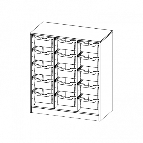ErgoTray Regal, dreireihig, 3 Ordnerhöhen - evo180 Serie B/H/T: 104,5x118x50 cm, mit Sockel (81 mm), 15 hohe ErgoTray Boxen