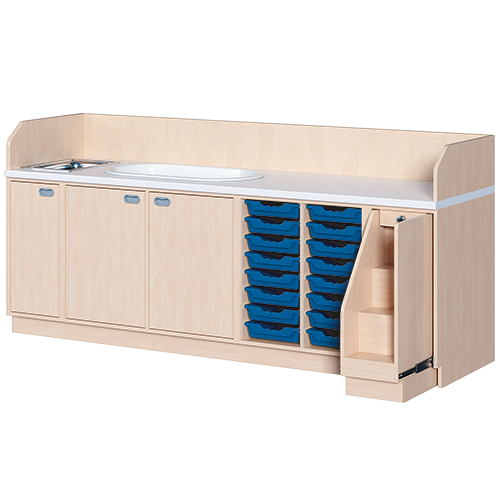 Wickelkommode, dreireihig zuzüglich Badewanne und Waschbecken B/H/T: 249x113x91,5 cm, Ausziehbarer Aufstieg rechts, 16 Boxen und Badewanne, Waschbecken links