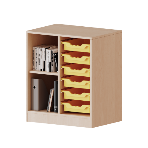 ErgoTray Regal, zweireihig, 2 Ordnerhöhen - evo180 Serie B/H/T: 70,3x82x40 cm, mit Möbelstellfüßen, links 2 Fächer, rechts 6 flache ErgoTray Boxen