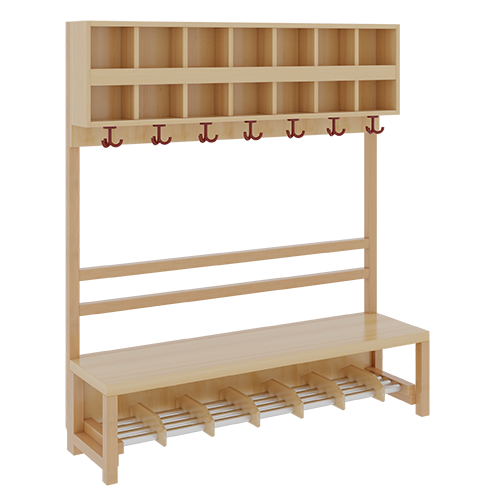 Komplettgarderobe mit doppelter Ablagereihe B/H/T: 140x158x39 cm, 7 Plätze, Sitzhöhe: 42 cm, offene Stütze in Buche-massiv, Schuhrost aus Aluminiumrohren mit Facheinteilungen
