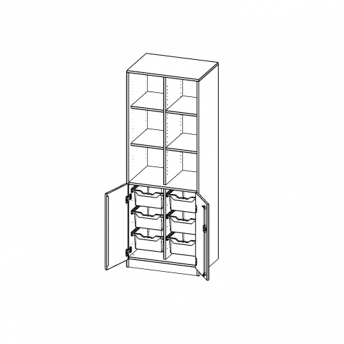 ErgoTray Kombi-Schrank, zweireihig, 5 Ordnerhöhen - evo180 Serie B/H/T: 70,3x190x50 cm, unten 2 OH Türen und 6 hohe ErgoTray Boxen, oben 3 OH Regal, Sockel, mit Mittelwand