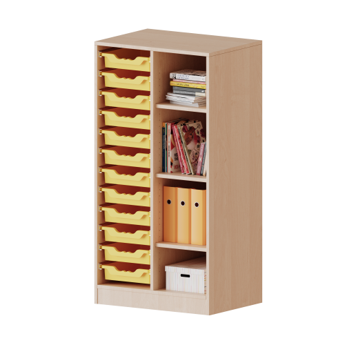 ErgoTray Regal, zweireihig, 3,5 Ordnerhöhen - evo180 Serie B/H/T: 70,3x136x40 cm, mit Sockel (81 mm), rechts 4 Fächer, links 12 flache ErgoTray Boxen
