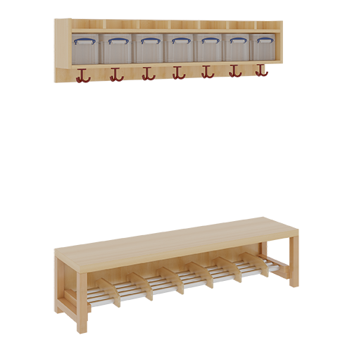 Komplettgarderobe mit einfacher Ablage inklusive Boxen B/T: 140x35 cm, 7 Plätze, Sitzhöhe 42 cm, 2teilig ohne Stütze, Ablage zur Wandmontage, Alurohr-Schuhrost mit Trennungen