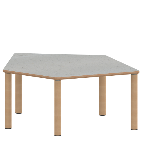 Tisch ZALOTTI mit Linoleum-Belag Fünfecktisch-klein, B/H/T: 121x25x110 cm, Massivholzbeine Ø 60 mm, Fußvariante: Stellfuß