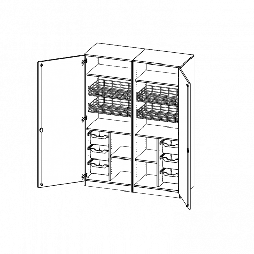 Sportschrank, 5 Ordnerhöhen - Serie evo180 B/H/T: 140,6x190x60 cm, 4 Ballkörbe, Halterungen an den Türen, 6 ErgoTray Boxen, mit Sockel (81 mm)