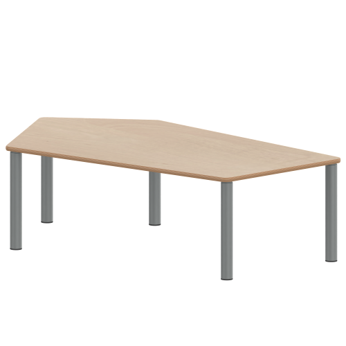 Tisch ZALOTTI mit Schichtstoff-Belag Fünfecktisch-groß, B/H/T: 185x25x104 cm, Stahlrohrbeine Ø 60 mm, Fußvariante: Stellfuß, Tischbeine mit RAL-Farbe 9006 (weißaluminium)
