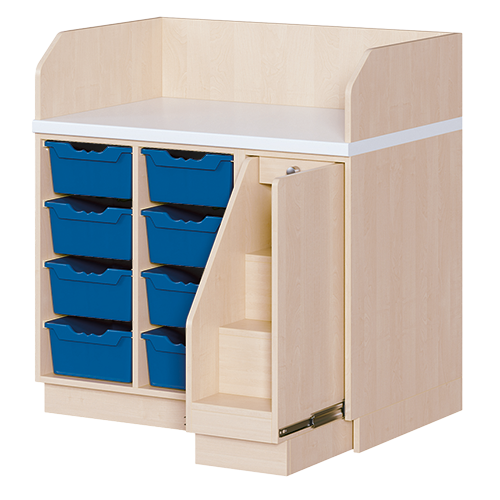 Wickelkommode, dreireihig B/H/T: 107x113x91,5 cm, Ausziehbarer Aufstieg rechts, 8 Boxen links