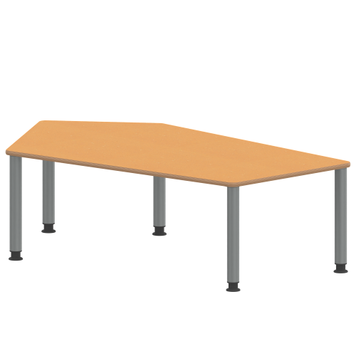 Tisch ZALOTTI mit Linoleum-Belag Fünfecktisch-groß, B/H/T: 185x41x104 cm, Stahlrohrbeine Ø 60 mm, Fußvariante: höhenverstellbar (41/55 cm), Tischbeine mit RAL-Farbe 9006 (weißaluminium)