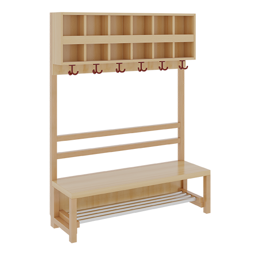 Komplettgarderobe mit doppelter Ablagereihe B/H/T: 120x158x39 cm, 6 Plätze, Sitzhöhe: 26 cm, offene Stütze in Buche-massiv, mit Schuhrost aus Aluminiumrohren