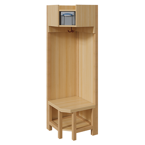 Garderoben-Innenecke, für einfache Ablage inklusive Box B/H/T: 47x158x47 cm, Sitzhöhe: 42 cm, Stützen über Eck mit Paneelrückwänden in Buche-hell, Schuhablage