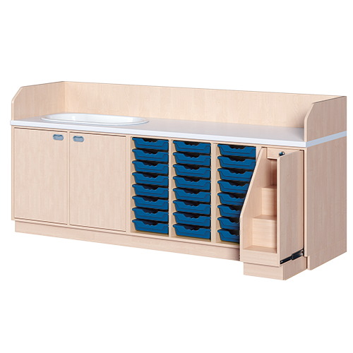 Wickelkommode, vierreihig zuzüglich Badewanne B/H/T: 249x113x91,5 cm, Ausziehbarer Aufstieg rechts, 24 Boxen und Badewanne links