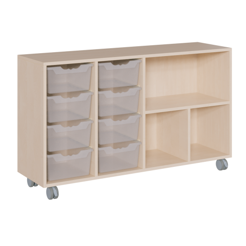 fahrbares Regal in Korpusbauweise B/H/T: 139x82,5x40 cm, in 4 Reihen 8 hohe ErgoTray-Boxen und 3 Fächer
