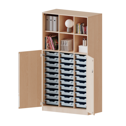ErgoTray Kombi-Schrank, dreireihig, 5 Ordnerhöhen - evo180 Serie B/H/T: 104,5x190x50 cm, unten 3 OH Türen und 30 flache ErgoTray Boxen, oben 2 OH Regal, Sockel, 2 Mittelwände