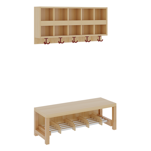 Komplettgarderobe mit doppelter Ablagereihe B/T: 100x35 cm, 5 Plätze, Sitzhöhe 26 cm, 2teilig ohne Stütze, Ablage zur Wandmontage, Alurohr-Schuhrost mit Trennungen