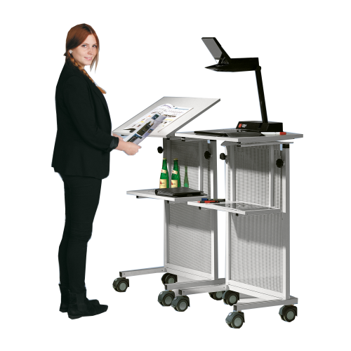 Rednerpult mit Lochblech Frontblende der Serie RP 70 B/H/T: 60x106-128x45 cm, fahrbar