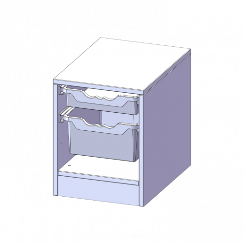 ErgoTray Regal, einreihig, 1 Ordnerhöhe - evo180 Serie B/H/T: 36,1x46x40 cm, mit Sockel (81 mm), 1 flache und 1 hohe ErgoTray Boxen