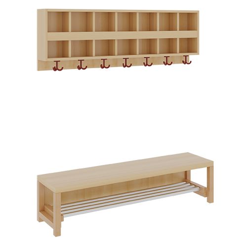 Komplettgarderobe mit doppelter Ablagereihe B/T: 140x35 cm, 7 Plätze, Sitzhöhe: 34 cm, 2teilig ohne Stütze, Ablage zur Wandmontage, mit Schuhrost aus Aluminiumrohren