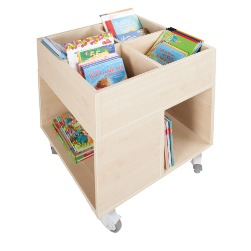 Bücherkiste CuBe, 4 Fächern auf der Oberseite, 4 Fächer seitlich, fahrbar B/H/T: 60x72x60 cm