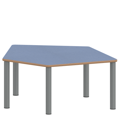 Tisch ZALOTTI mit Linoleum-Belag Fünfecktisch-klein, B/H/T: 121x71x110 cm, Stahlrohrbeine Ø 60 mm, Fußvariante: Stellfuß, Tischbeine mit RAL-Farbe 9006 (weißaluminium)