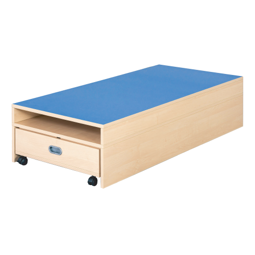 Rechteck-Podest mit Auszugsbett, Linoleum-Deckplatte B/H/T: 150x35x70 cm, für 140er Liegepolster, zusätzlicher Aufsatz für 1 weiteres Liegepolster