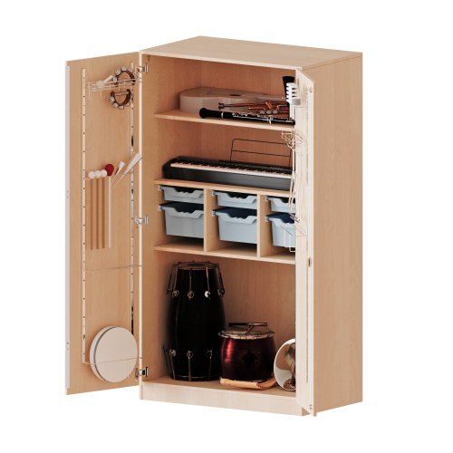 Musikschrank, 5 Ordnerhöhen - Serie evo180 B/H/T: 104,5x190x60 cm, Türen mit Instrumentenhalterungen, mit 6 ErgoTray Boxen, mit Sockel (81 mm)