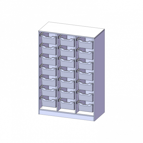 ErgoTray Regal, dreireihig, 4 Ordnerhöhen - evo180 Serie B/H/T: 104,5x154x50 cm, mit Sockel (81 mm), 21 hohe ErgoTray Boxen