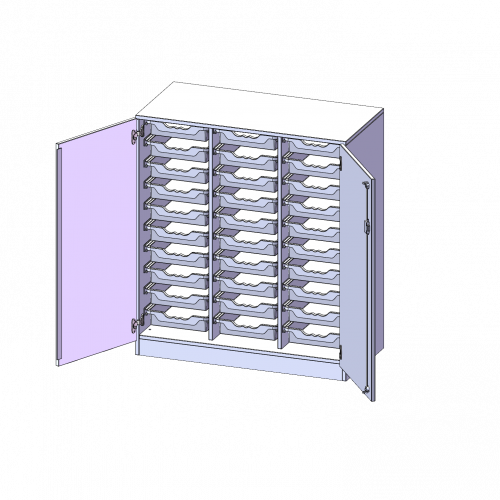 ErgoTray Schrank, dreireihig, 3 Ordnerhöhen - evo180 Serie B/H/T: 104,5x118x50 cm, zweitürig, mit Sockel (81 mm), mit 30 flachen ErgoTray Boxen