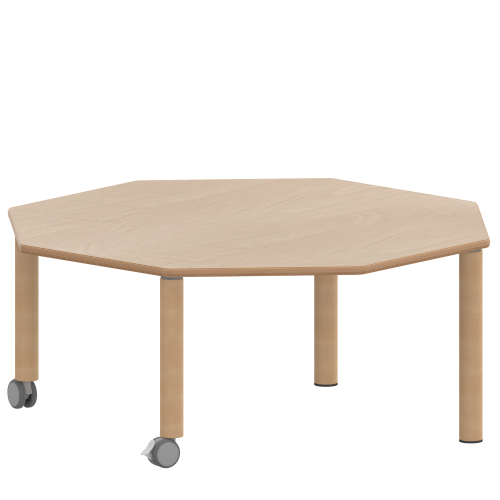 Tisch ZALOTTI mit Schichtstoff-Belag Achtecktisch, B/H/T: 120x46x120 cm, Massivholzbeine Ø 60 mm, Fußvariante: fahrbar