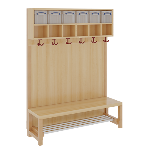 Komplettgarderobe mit doppelter Ablagereihe inklusive Boxen B/H/T: 120x158x39 cm, 6 Plätze, Sitzhöhe: 42 cm, Stütze mit Paneelrückwand, mit Schuhrost aus Aluminiumrohren