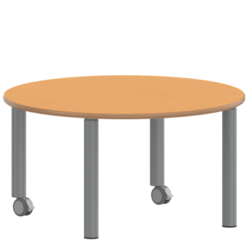 Tisch ZALOTTI mit Linoleum-Belag Rundtisch, Durchmesser/H: 100x53 cm, Stahlrohrbeine Ø 60 mm, Fußvariante: fahrbar, Tischbeine mit RAL-Farbe 9006 (weißaluminium)