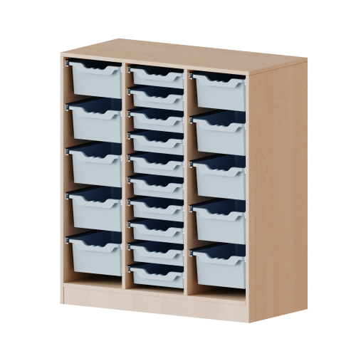 ErgoTray Regal, dreireihig, 3 Ordnerhöhen - evo180 Serie B/H/T: 104,5x118x40 cm, fahrbar, rechts und links je 5 hohe, in der Mitte 10 flache ErgoTray Boxen
