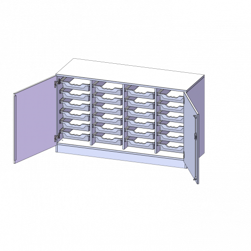 ErgoTray Schrank, vierreihig, 2 Ordnerhöhen - evo180 Serie B/H/T: 138,7x82x50 cm, zweitürig, mit Sockel (81 mm), mit 24 flachen ErgoTray Boxen