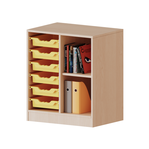 ErgoTray Regal, zweireihig, 2 Ordnerhöhen - evo180 Serie B/H/T: 70,3x82x40 cm, mit Möbelstellfüßen, rechts 2 Fächer, links 6 flache ErgoTray Boxen