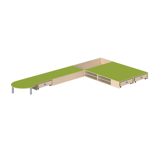 Podestanlage 1, 6teilig, mit Linoleum-Deckplatten B/H/T: 450x24x250 cm, mit Kuschelgraben, Liegepolsterpodesten, diverse andere Podeste und 3 verschiedenen Rollkästen